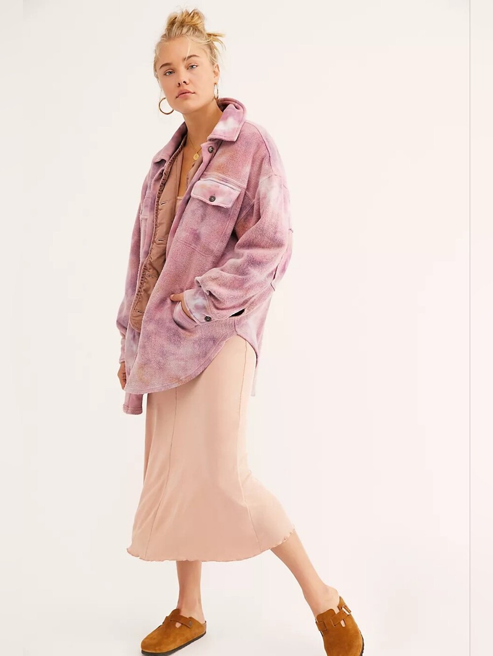 Rare Free People Ruby Tie Dye Shacket Oversized Pink, S, Boho, Cozy, Watercolor